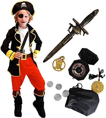 Tacobear Disfraz Pirata Niño con Pirata Accesorios Pirata Sombrero Parche Daga brújula Monedero Pendiente Pirata Disfraz de Halloween Niños (XL 10-12 años)