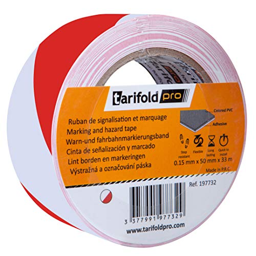 Tarifold 1 Cinta Adhesiva Suelo, Señalización, Seguridad, color Rojo y Blanco-Rollo 50mm x 33m, 50 mm x 33 M