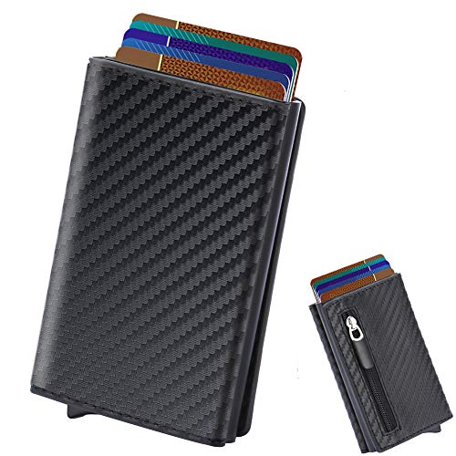 Tarjeteros para Tarjetas de Credito, SAMKING Automática Pop-up Tarjeteros Cuero Cartera para Mujer y Hombre (Carbon Negro)