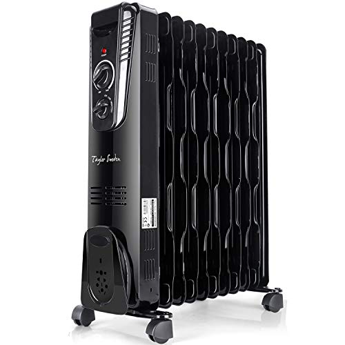 Taylor Swoden Sunny - Radiador de aceite de 11 elementos, 2500W, 3 ajustes de potencia, termostato, bajo consumo. Diseño ondulado que mejora la producción y circulación del calor. Color negro.