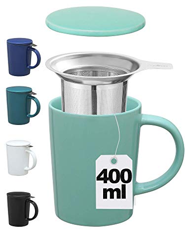 Taza para Te con Tapa y Filtro - Ceramica - XL 400ml Grande - Azul Turquesa - Para Infusion, Tisana, Desayuno