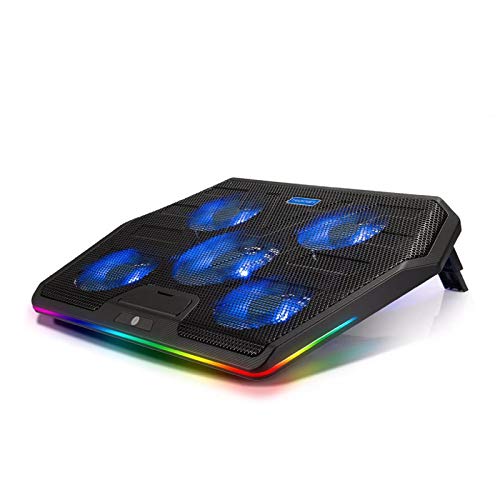 TECKNET Base de Refrigeración RGB Ordenador Portátil Gaming Cooler con 5 Ventiladores Silenciosos Fuerte para 12-19 Pulgadas, 2 USB Luz LED Azul