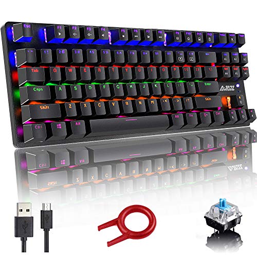 Teclado mecánico, Teclado de Juego Compacto de 87 Teclas, Teclado retroiluminado LED Rainbow, 24 retroiluminados, Teclado con Cable USB con Interruptor Azul, Tecla Completa Anti-Efecto Fantasma-Negro