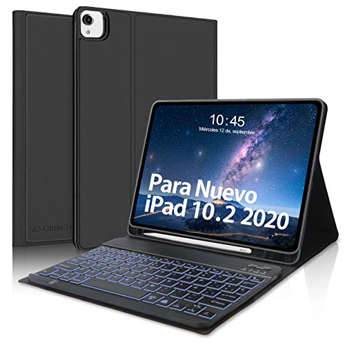 Teclado para iPad Air 4 10.9 Pulgadas(2020),SENGBIRCH Funda con Retroiluminación Español Teclado Bluetooth para iPad Air 4/iPad Pro 11 2020/2018, Inteligente Carcasa con Auto-Sueño/Estela,Negro