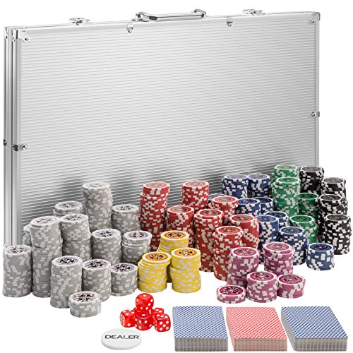 TecTake 402561 Maletín de Póker Aluminio con Fichas Láser Poker Chips, 1.000 Pieza, Incl. 5 Dados + 2 Barajas de Cartas + 1 Ficha de Dealer, Plateado