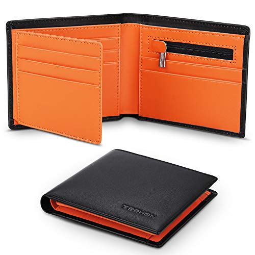 TEEHON Cartera Hombre, Cartera Hombre con Monedero, Cartera Hombre de Piel con 15 Compartimentos, 1 Pieza de Piel de Verificar con Instrucción y Tecnología RFID para Hombre o Joven - Negro y Naranja