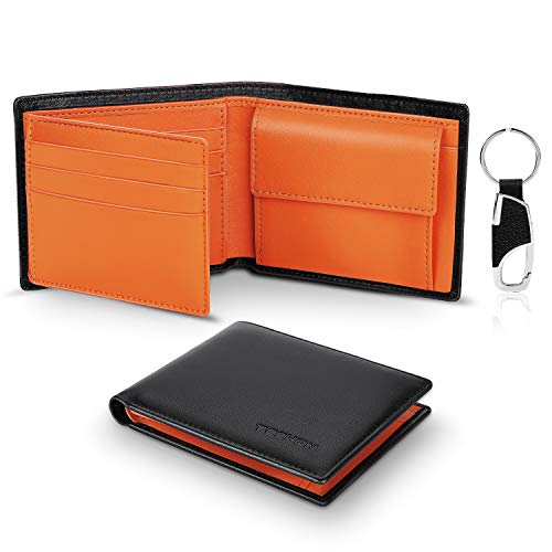 TEEHON Cartera para Hombre, Monedero con RFID Bloqueo con 10 Ranuras (9 Tarjetas & 1 ID), 2 Compartimentos para Billetes, 1 Bolsillo para Monedas con Botón, 1 Llavero y Regalo Caja - Naranja Negro TEEHON Cartera para Hombre, Monedero con RFID Bloqueo con 10 Ranuras (9 Tarjetas & 1 ID), 2 Compartimentos para Billetes, 1 Bolsillo para Monedas con Botón, 1 Llavero y Regalo Caja - Naranja Negro