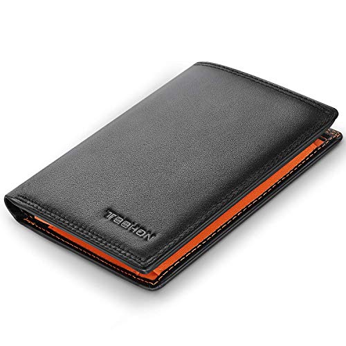 TEEHON Carteras Hombre con Monedero, Cartera RFID, Cartera Hombre de Piel, Cartera Vertical Hombre con 16 para Tarjetas, Billetes y Monedas, Carteras para Hombre Incluye Caja de Regalo (Negro Naranja)