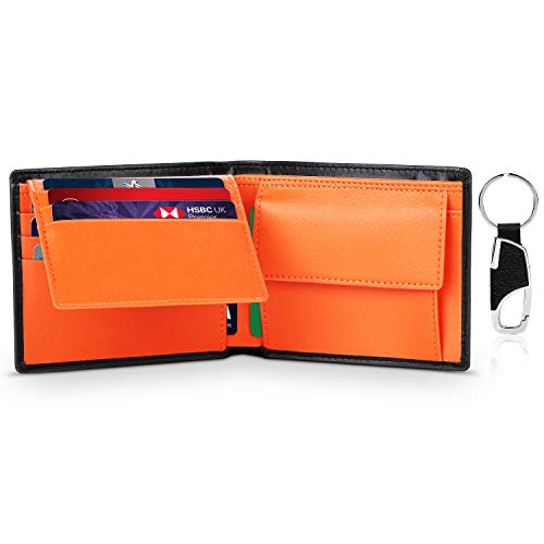 TEEHON Carteras para Hombre, Cartera RFID Hombre, Cartera Delgada con 10 Tarjetas, 2 Compartimentos para Billetes, 1 Bolsillo para Monedas con Botón, 1 Llavero y Regalo Caja - Naranja Negro