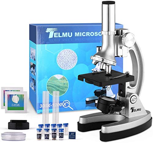 TELMU Microscopio para Niños Microscopios para Niños/Principiantes con 70 + Accesorios 3 Objetivos 300 ×, 600 × y 1200 × y Estuche de Almacenamiento