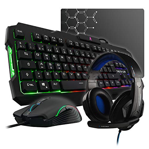 THE G-LAB Combo Argon E - Pack Gaming 4 en 1 - Teclado Gaming QWERTY – Incluye Ñ - Retroiluminado, Ratón Gaming de 3200 dpi, Auriculares Gaming, Alfombrilla de Ratón Antideslizante – PC PS4 Xbox One