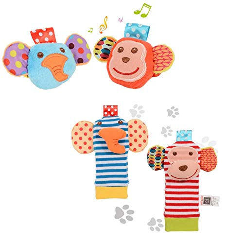 ThinkMax 4PCS Sonajeros para bebés, Sonajeros de muñeca de Terciopelo Lindo para Animales y Buscador de pies, Juguetes de Peluches de Desarrollo para bebés