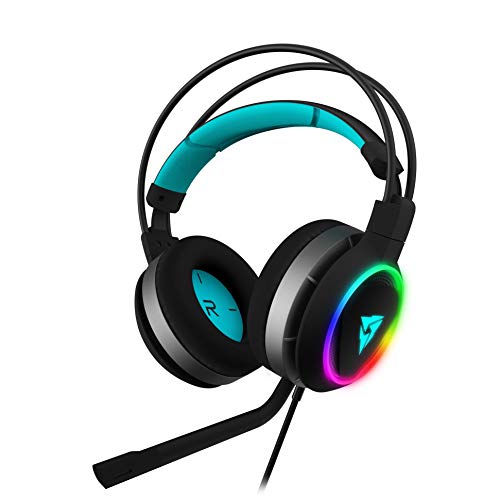 Thunder X3 AH7HEXC - Auriculares para juegos (6 efectos de luz. Led Halo, 7.1 sonido envolvente, controladores de 50 mm, micrófono con cancelación de ruido) color negro y cyan