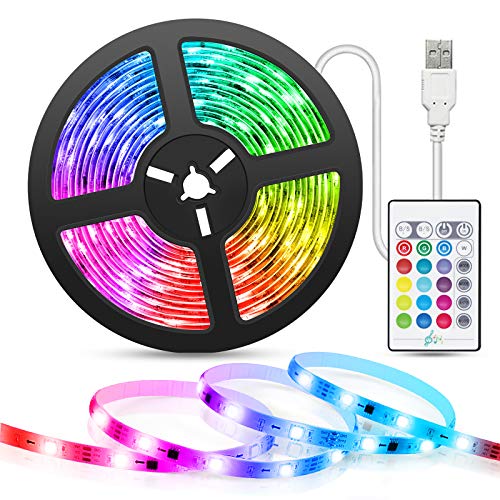 Tiras-LED-USB Música 5M, TASMOR Luces LED RGB 5050 16 Colores, Strip Led 5v con Control Remoto, Iluminación Decorativa Autoadhesiva para TV Monitor Coche Pasillo Bar Fiestas y Habitación