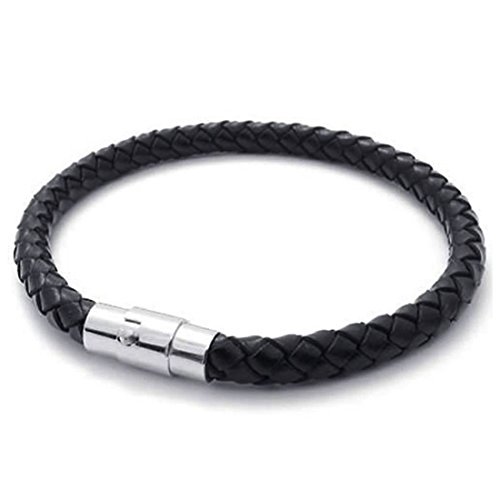 TOOGOO（R） Pulsera Pulsera de joyeria, Acero Inoxidable de Cuero, Pulsera de Cuero Trenzado, para Hombres Mujeres, Negro - Ancho 6mm - Longitud 18cm