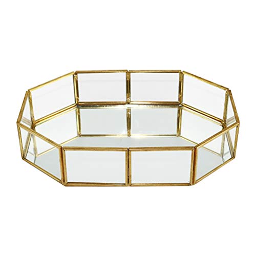 TOPBATHY Vintage Ornate Glass Tray Mirror for Perfume Jewelry Trinket Countertop Holder Dresser Metal Decorative Cosmetic Makeup Tray with Mirror (Octagonal)