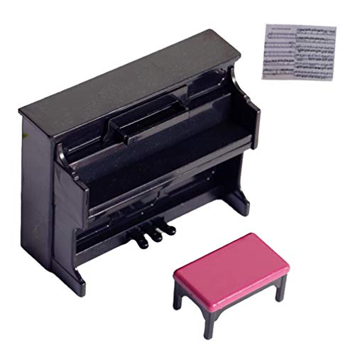 TOYANDONA Mini piano modelo en miniatura, juguete para casa de muñecas, instrumento musical con taburete para casa de muñecas, decoración de escena (negro)