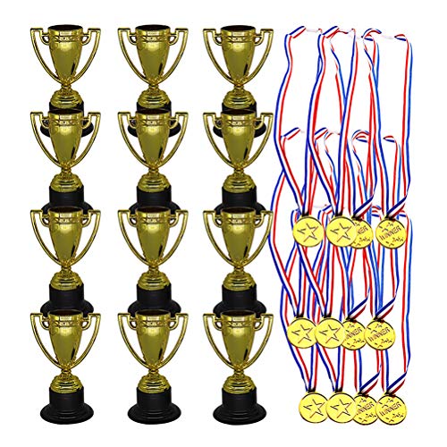 Toyvian Set de medallas de Oro del Trofeo de plástico - 12 Piezas Medallas de Ganador más 12 Piezas de trofeos para Deportes, concursos, celebración y favores de la Fiesta