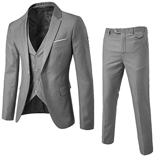 Traje de 3 Piezas con Chaqueta, Chaleco y Pantalones para Hombre, Slim Fit, Ajuste Moderno, Fiesta Bodas Negocio Oficina Traje Blazer Abrigo Hombre Chaqueta Esmoquin Manga Larga (XL, Gris)