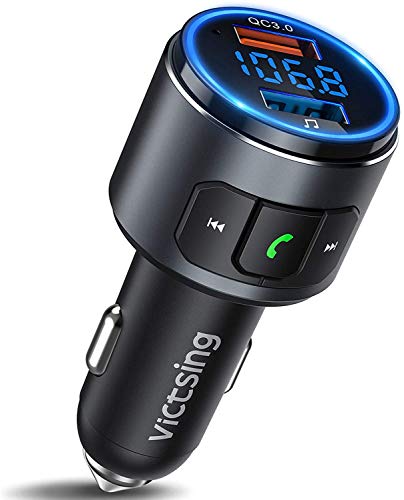 Transmisor FM Bluetooth 5.0 para Coche, [Luz LED Anillo] QC3.0 VicTsing Mini Transmisor Bluetooth Manos Libres con Siri Asistente, Reproductor MP3 Coche, Adaptador de Radio Hi-Fi Música Spotify