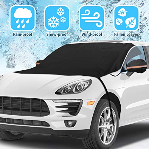 Tvird Protector Parabrisas Coche Cubierta Funda Parabrisas de Protege de Rayos UV/Sol/Lluvia/Nieve, Ubierta para Espejos Plegable con Gancho y Sombrilla Impermeable con Correas Exteriores 215 x125cm