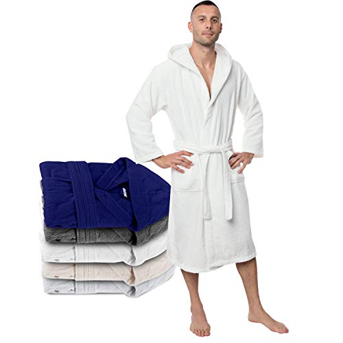 Twinzen Albornoz de Baño 100% Algodón con Capucha para Hombre (XL, Blanco Alabastro) Certificado Oeko Tex - Bata Hombre 2 Bolsillos, Cinturón y Cierre - Suave, Absorbente y Cómodo