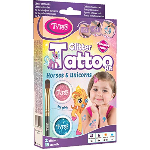 Tytoo Kit de Tatuaje de Purpurina para Chicas con 15 Plantillas, Caballos y Unicornios, Uso Seguro, duración de 8-18 días