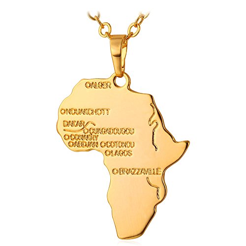 U7 Colgante de Oro 18k Colgante Grande para Hombre con Cadena Fina Hiphop diseño Mapa de Africa con Ciudades y ríos Principales africanos