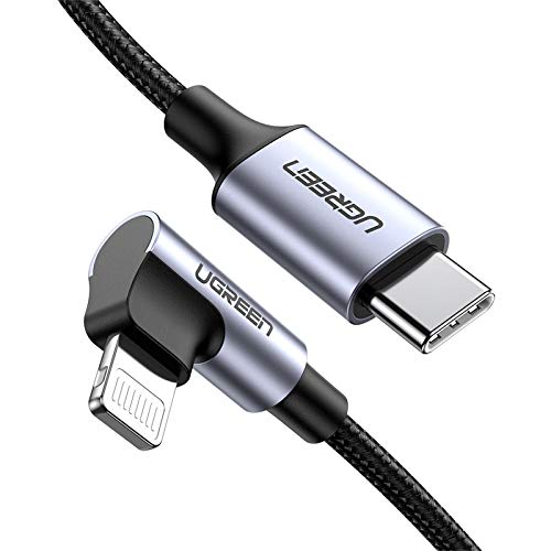UGREEN Cable USB C a Lightning 90 Grados Cable Codo Nylon Trenzado (Apple MFi Certificado) para iPhone 12, iPhone SE 2020 iPhone 11 X XS XR 8, iPad Pro 10.5, iPad Pro 12.9, iPad Air, AirPods Pro(2M)