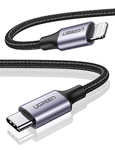 UGREEN Cable USB C a Lightning Nylon Trenzado (Apple MFi Certificado) para iPhone 12, iPhone SE 2020, iPhone 11, iPhone X, iPhone XS, iPhone XR, iPhone 8, iPad Pro 10.5'',12.9'', iPad Air(1M, Negro)