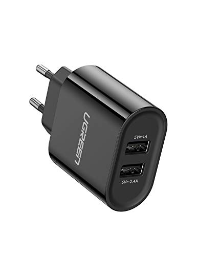 UGREEN Cargador USB Pared con 2 USB Puertos 5V 2.4A y 5V 1A Enchufe Multipuerto Europeo para iPhone XR, XS, X, 8, Samsung Galaxy A70, S7, J6, Xiami Redmi Note 7, Note 6 Pro, Huawei P10 Lite - Negro