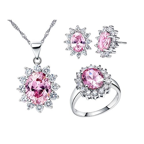 Uloveido Pink CZ Stone Diamond Bridal Jewellery Set Pendientes Collar y Anillo para niñas T466