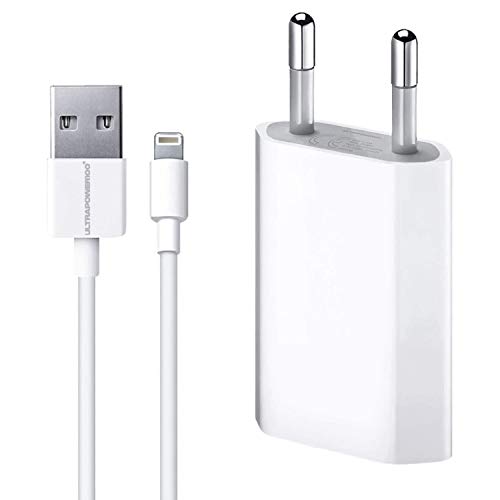 ultrapower100® - Cargador de batería Compatible con iPhone 5, 5c, 5s, 6, SE, 6s, 7, 8, 9, X, XS, XR, XS, XS MAX, 11, Cargador 1A 5W USB 2.0 + Cable 1 Metro Kit 2 en 1, Blanco