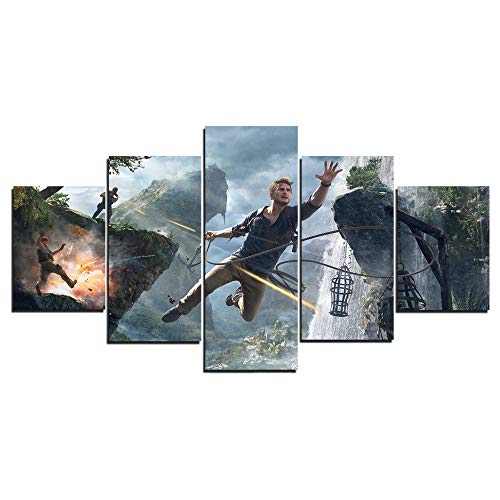 Uncharted 4:A Thief's End Game - Póster de lienzo para decoración del hogar, 5 piezas de pinturas para sala de estar HD impresiones (L, enmarcado)