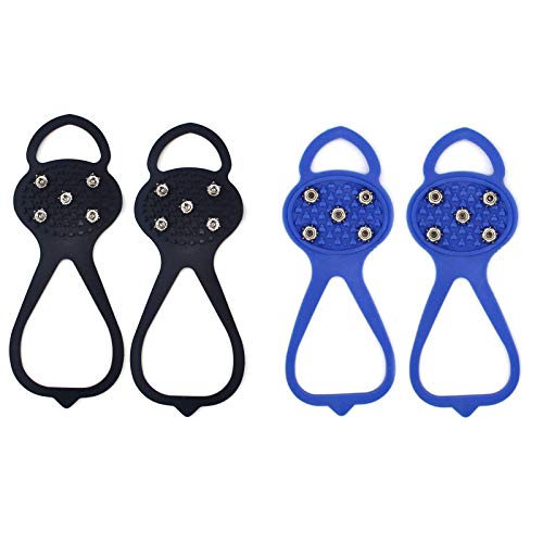 Universal Non-Slip Gripper Spikes - Ice Cleats with 5-Claw Anti-Slip Nails Crampons Non-Slip Shoe Covers Ice Grippers for Shoes and Boots (Black&Blue-2PCS)