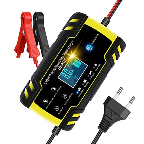 URAQT Cargador Baterias Coches, 8A 12V/24V Mantenimiento Automático e Inteligente Múltiples Protecciones LCD y Botón de la Pantalla Táctil para Automóvile, Motocicleta, ATVs, RVs, Powersports, Barco URAQT Cargador Baterias Coches, 8A 12V/24V Mantenimiento Automático e Inteligente Múltiples Protecciones LCD y Botón de la Pantalla Táctil para Automóvile, Motocicleta, ATVs, RVs, Powersports, Barco