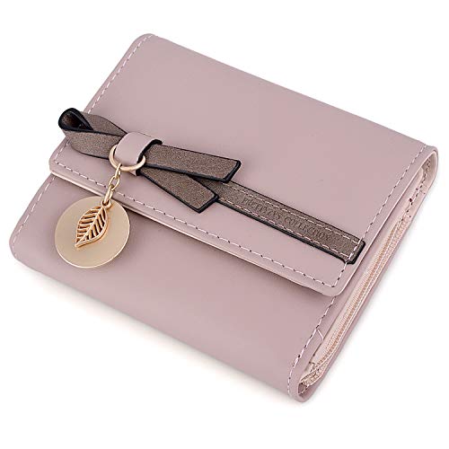 UTO - Mujer Cartera Pequeña con Adorno Hoja y Lazo Billetero Monedero de Cuero Plegable Rosa UTO - Mujer Cartera Pequeña con Adorno Hoja y Lazo Billetero Monedero de Cuero Plegable Rosa