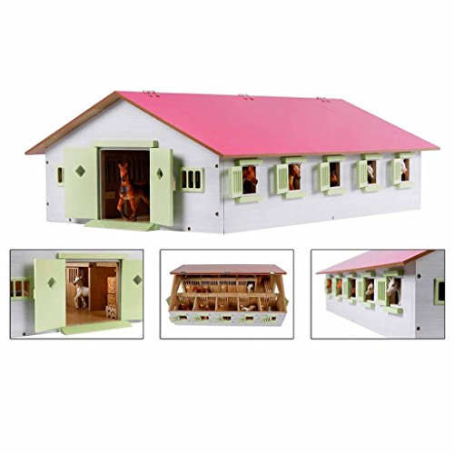 Van Manen Kids Globe Farming Granja Ecuestre con 9 establos, Caballo, cuadra de Madera con Techo Plegable, 610188, Color Rosa