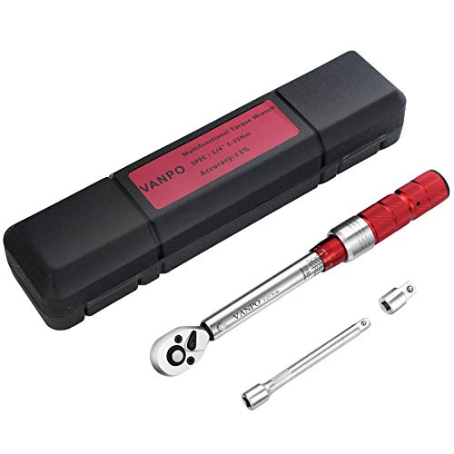 VANPO Llave Dinamométrica 1/4", Llave de Torque 5-25 Nm, Alta Precisión de ±3% con Cabezal Reversible de 45T, Barra de Extensión de 10cm, 3/8" Adaptador para Bicicleta de Carretera y Montaña, Moto VANPO Llave Dinamométrica 1/4", Llave de Torque 5-25 Nm, Alta Precisión de ±3% con Cabezal Reversible de 45T, Barra de Extensión de 10cm, 3/8" Adaptador para Bicicleta de Carretera y Montaña, Moto