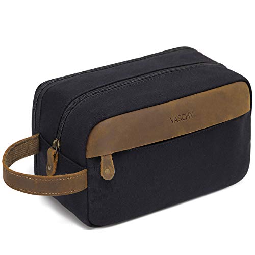 VASCHY Neceser Hombre,Bolsa de Aseo Mujer Neceseres para Maquillaje Cuero Lona Bolsa de Cosméticos Impermeable Bolsa de Lavado con Múltiples Bolsillos Negro