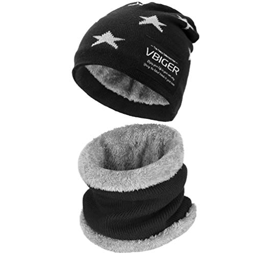 VBIGER Niños Sombrero Caliente de Punto y Bufanda tubular con Forro de Lana,2 Piezas (Negro 2) VBIGER Niños Sombrero Caliente de Punto y Bufanda tubular con Forro de Lana,2 Piezas (Negro 2)