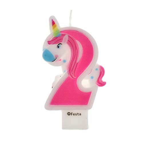 Velas de Cumpleaños Diseño Unicornio de 9cm, Adecuadas para fiesta de Cumpleaños para Niños Niñas Color Rosa blanca Numero 2