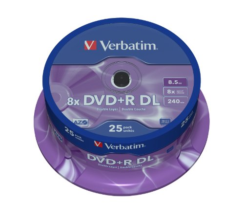 Verbatim 43757 - Pack de DVD+R vírgenes (25 Unidades, 8.5 GB, 8X), Plateado