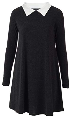 Vestido con Vuelo en Forma de A para Mujer - Cuello de Peter Pan y Manga Larga - Largo hasta la Rodilla - Negro - L/XL - UK 16-18/EU 44-46 (Talla Grande) Vestido con Vuelo en Forma de A para Mujer - Cuello de Peter Pan y Manga Larga - Largo hasta la Rodilla - Negro - L/XL - UK 16-18/EU 44-46 (Talla Grande)