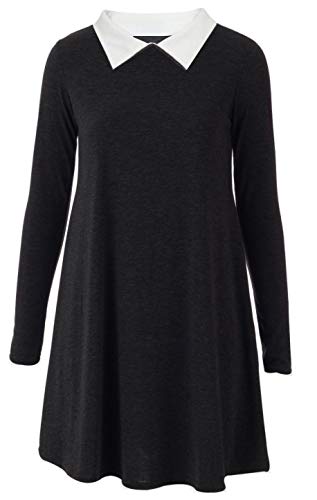 Vestido con Vuelo en Forma de A para Mujer - Cuello de Peter Pan y Manga Larga - Largo hasta la Rodilla - Negro - L/XL - UK 16-18/EU 44-46 (Talla Grande)