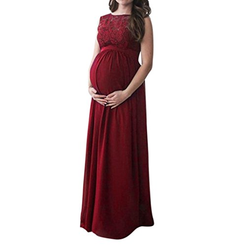 Vestido Premamá, Largo de Encaje de Mujer Embarazada, de Maternidad Apoyos de fotografía Ropa Larga Maternidad y de Lactancia (Vino Rojo, M)