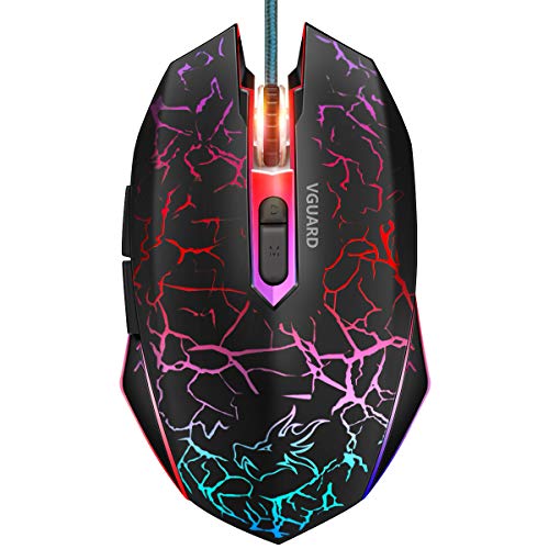 VGUARD Ratón Gaming con Cable, 4 DPI Adjustables hasta 2400, Gaming Mouse Óptico, Ratón Ergonómico Óptico RGB con 6 Botones y LED 7 Colores para PC, Portátil. (Versión Mejorada) - Negro