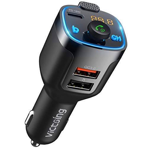 VicTsing Transmisor FM Bluetooth V5.0 para Coche, Adaptador de Audio con Cargador Inalámbrico QC3.0 + PD18W, Reproductor de Música con Sonido de Graves,3 Puertos USB