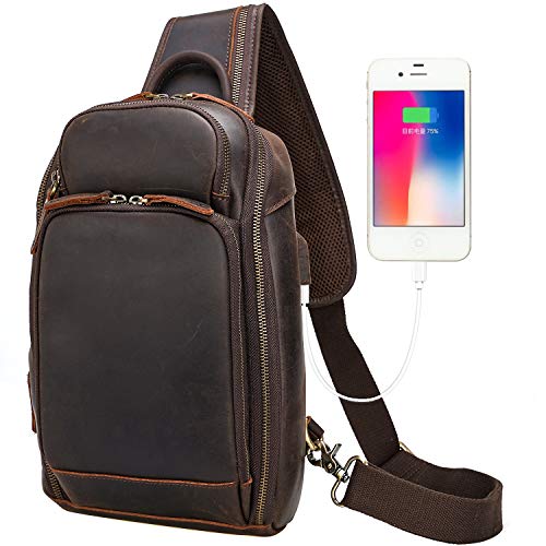 Vints - Bolso bandolera de piel de grano completo con puerto de carga USB para hombre, para tablet de 10 pulgadas con múltiples bolsillos, color marrón, color Marrón, talla Medium