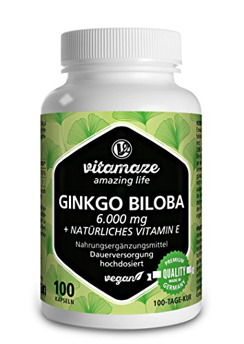 Vitamaze® Ginkgo Biloba Cápsulas 6000 mg de Dosis Alta, Extracto de Gingko Biloba Vegano 50:1, 100 Cápsulas para 100 Días, Suplementos Puro sin Aditivos Innecesarios, Calidad Alemana